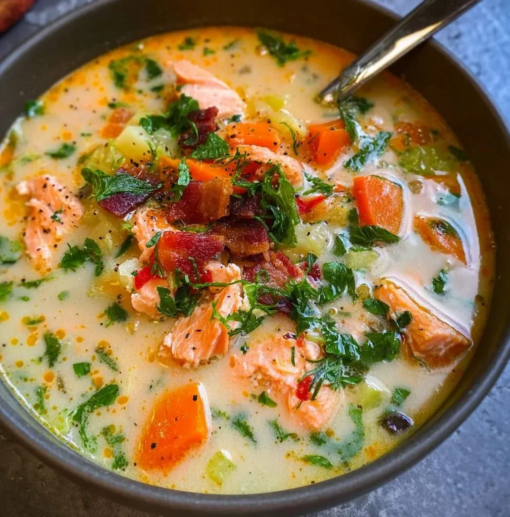 Delicious bowl of homemade Salmon Chowder with fresh ingredients
