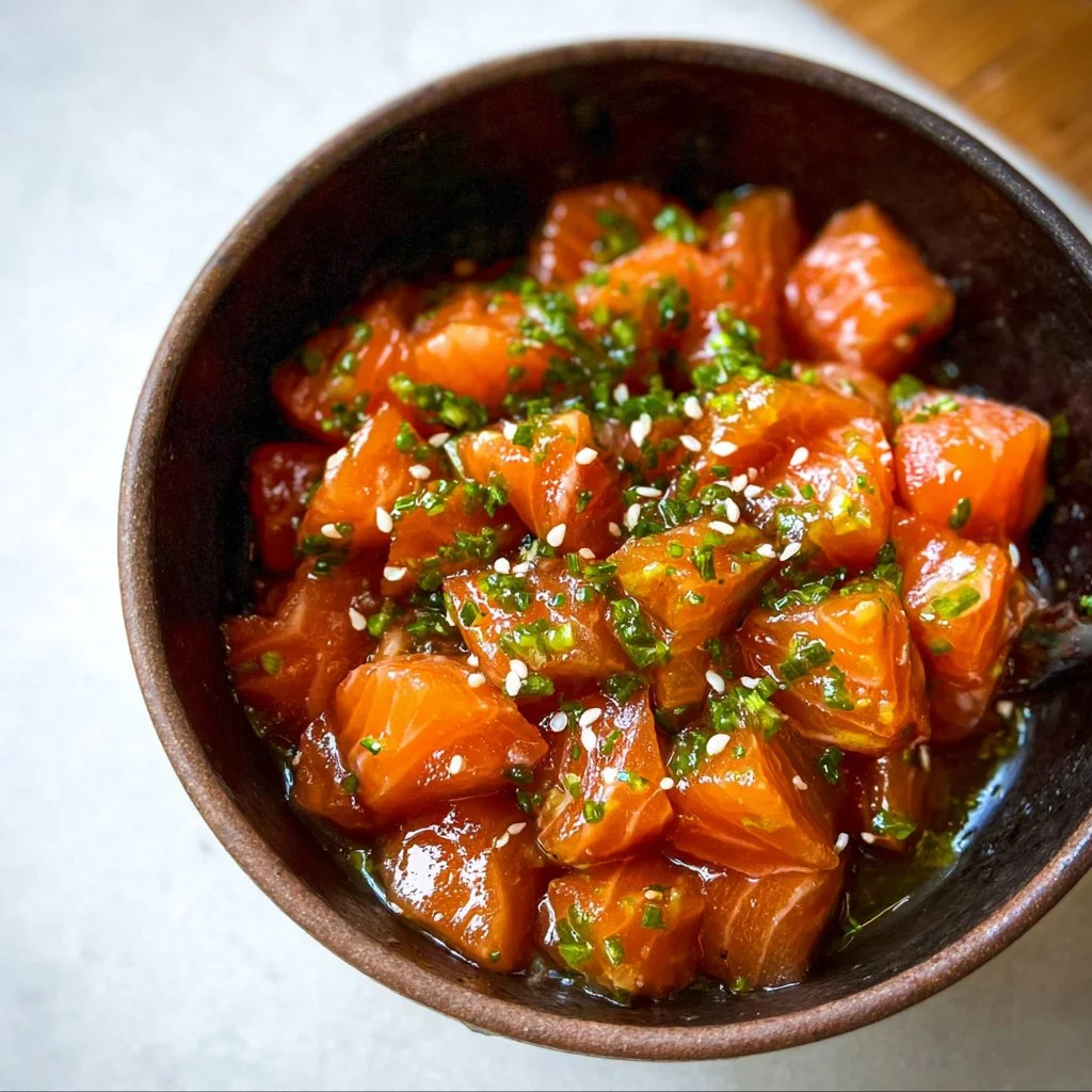 Bowl of Salmon Poke with fresh ingredients and garnishes.