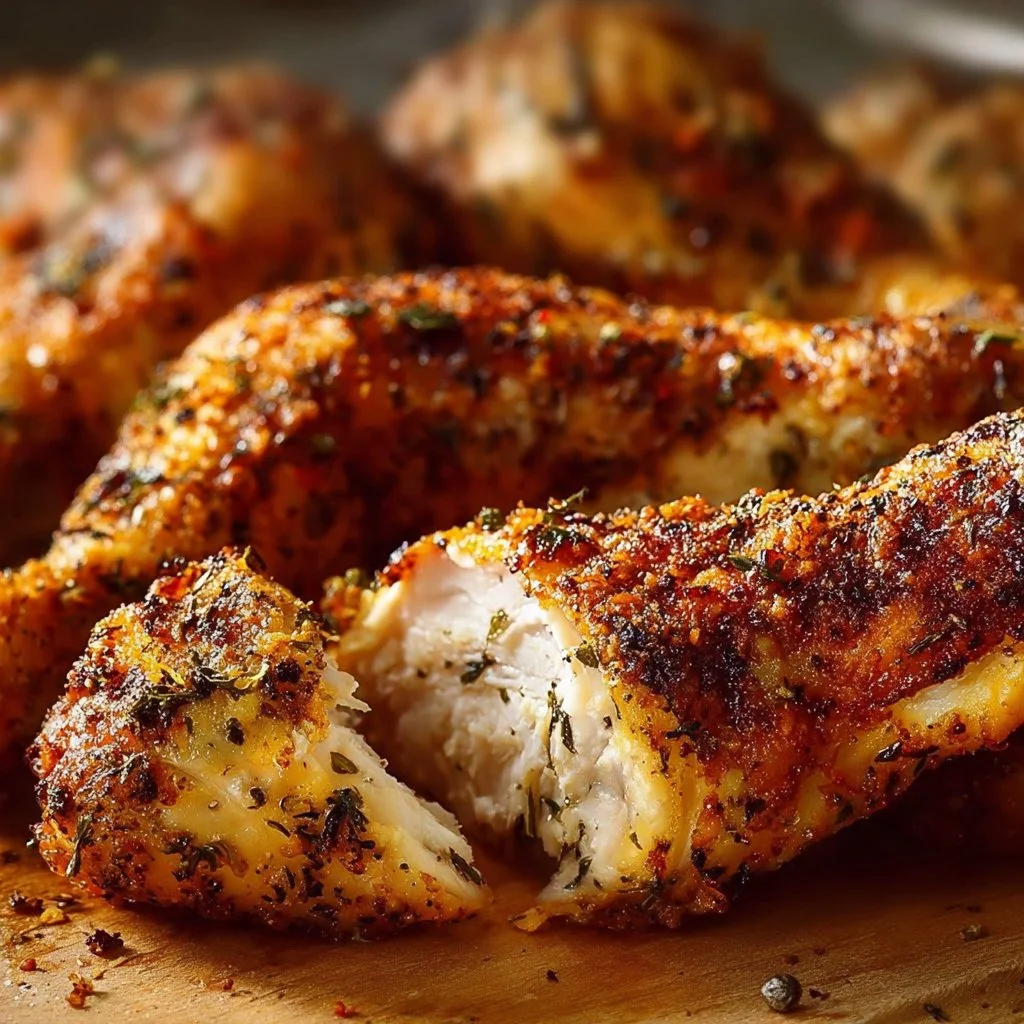 Seasoned crispy chicken drumsticks served on a plate with herbs