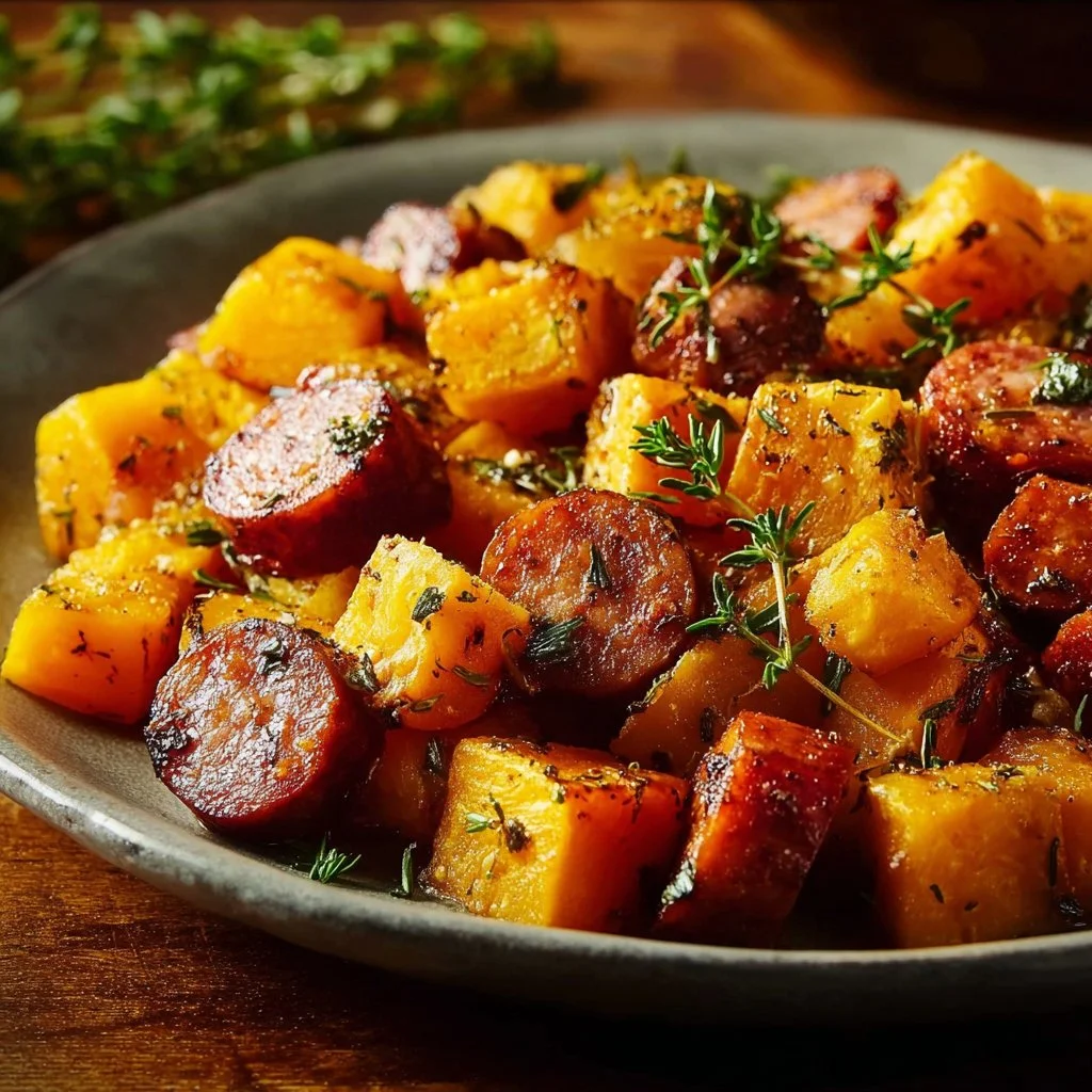 Sheet Pan Sausage with Sweet Potatoes and Honey Garlic Sauce
