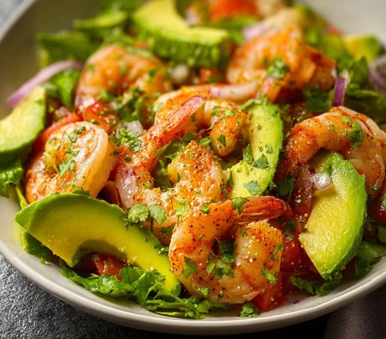 Fresh Shrimp Avocado Salad with greens, tomatoes, and dressing