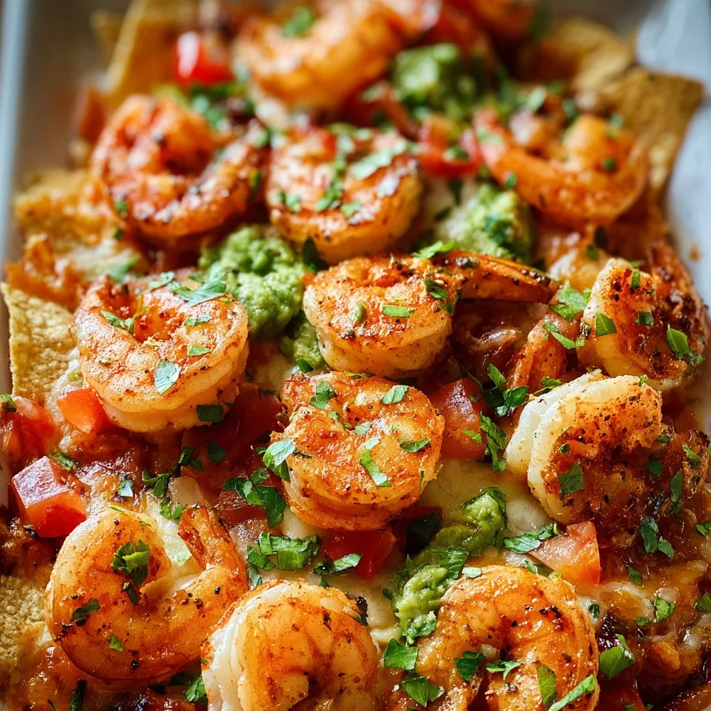 Plate of shrimp nachos topped with cheese, jalapeños, and fresh herbs