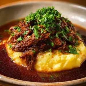 Bowl of slow-braised short rib ragu served over pasta garnished with herbs