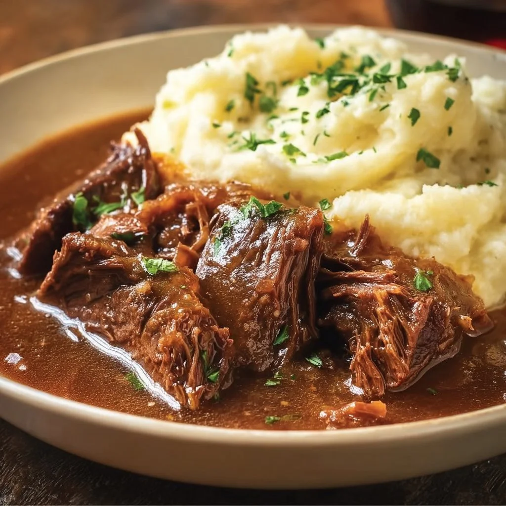 Delicious slow-cooked beef and gravy served with mashed potatoes