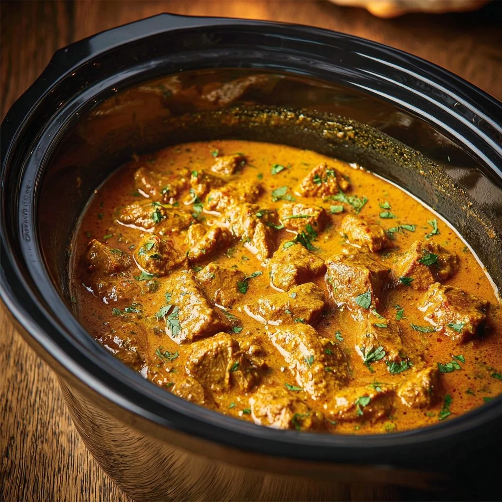 Delicious slow cooker butter chicken served with rice and fresh herbs