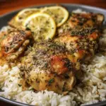 Slow cooker lemon herb chicken served with fluffy rice on a plate