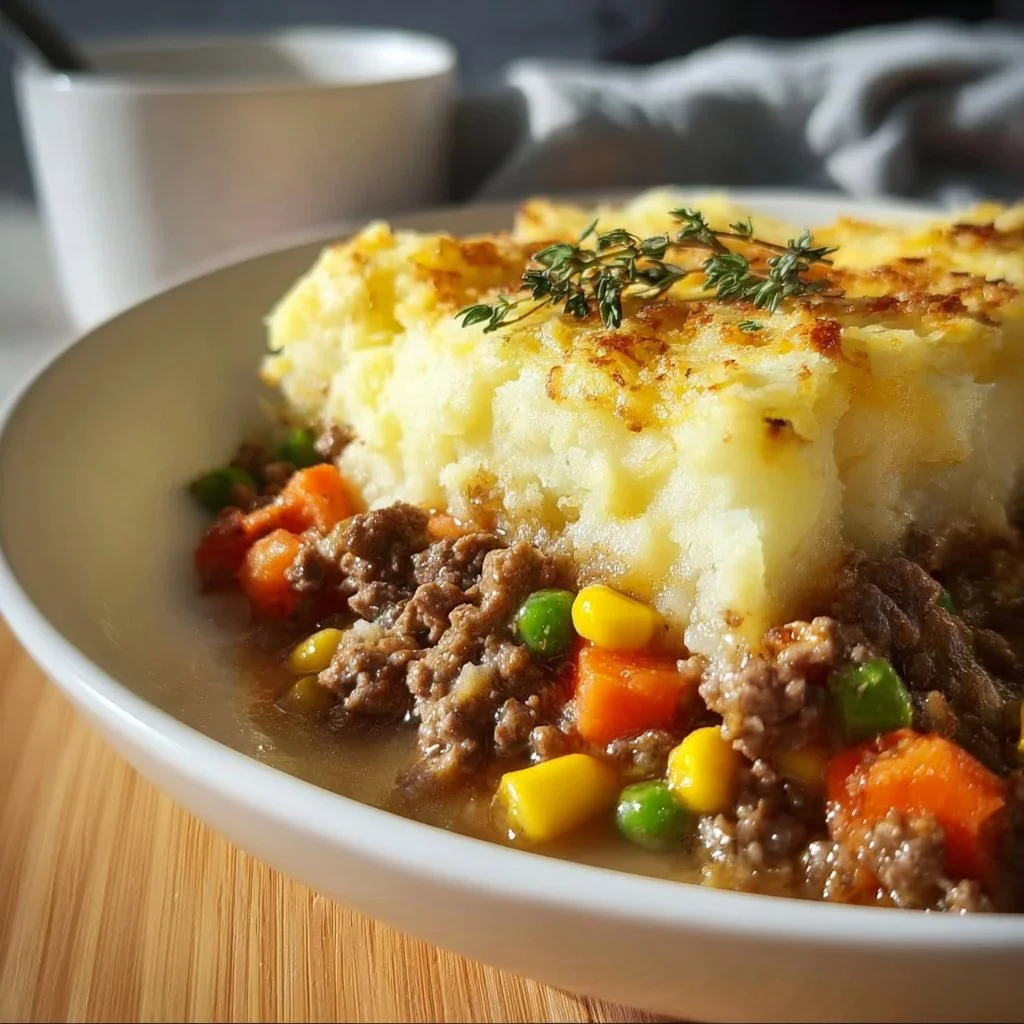Slow cooker shepherd's pie served in a bowl with mashed potatoes on top