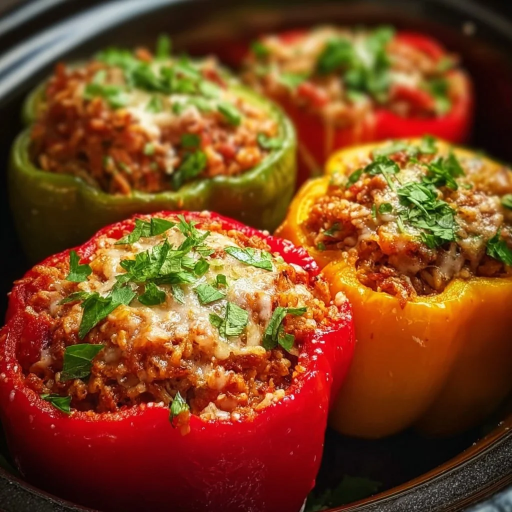 Slow cooker stuffed bell peppers filled with savory ingredients.