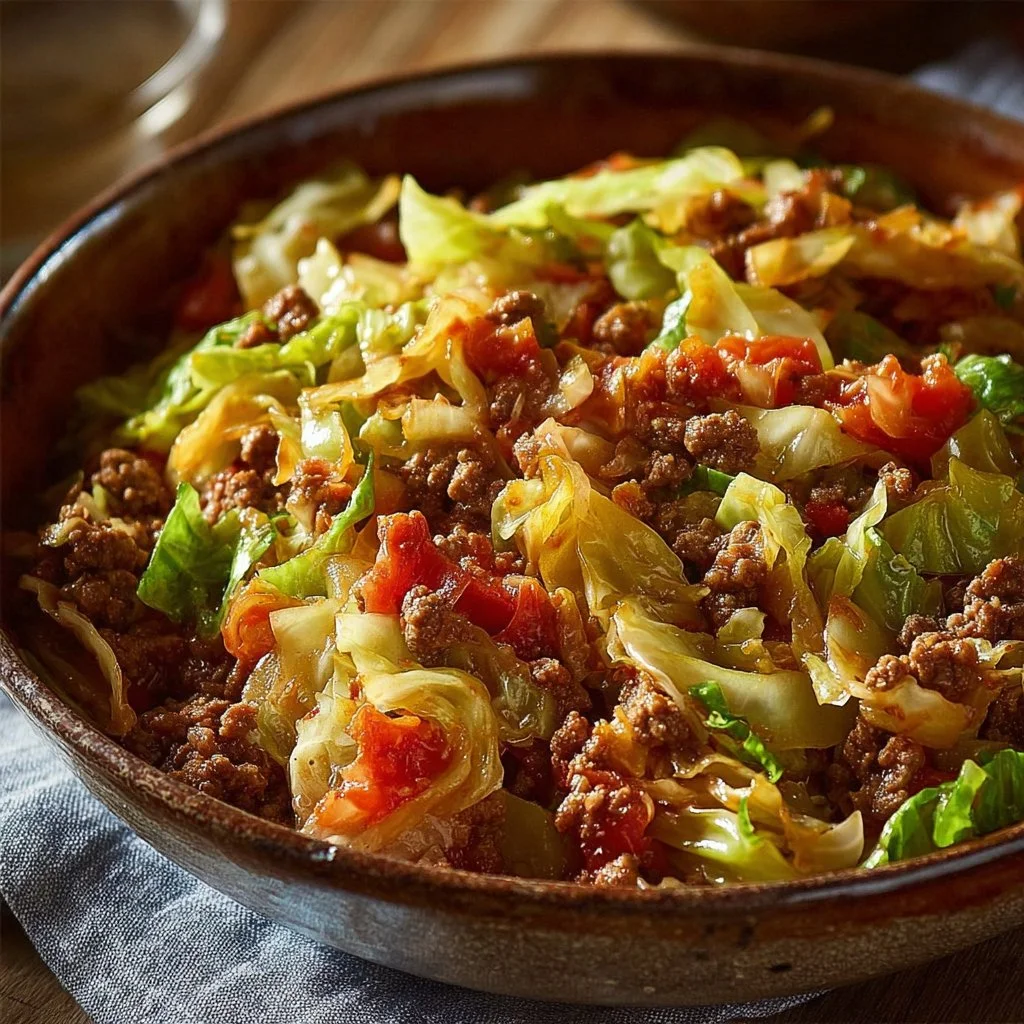 Delicious slow cooker unstuffed cabbage rolls in a rustic bowl