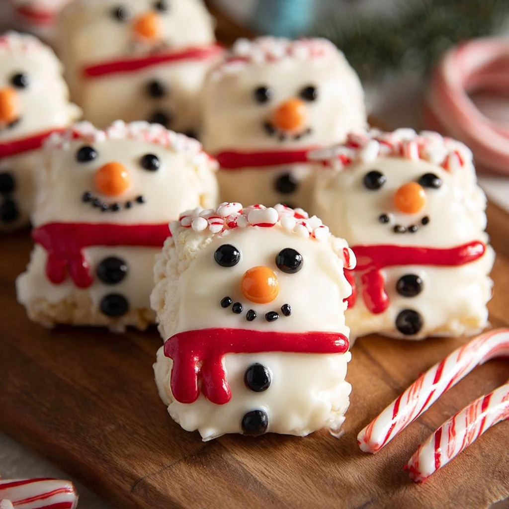 Snowman Rice Krispie Treats decorated for the holidays