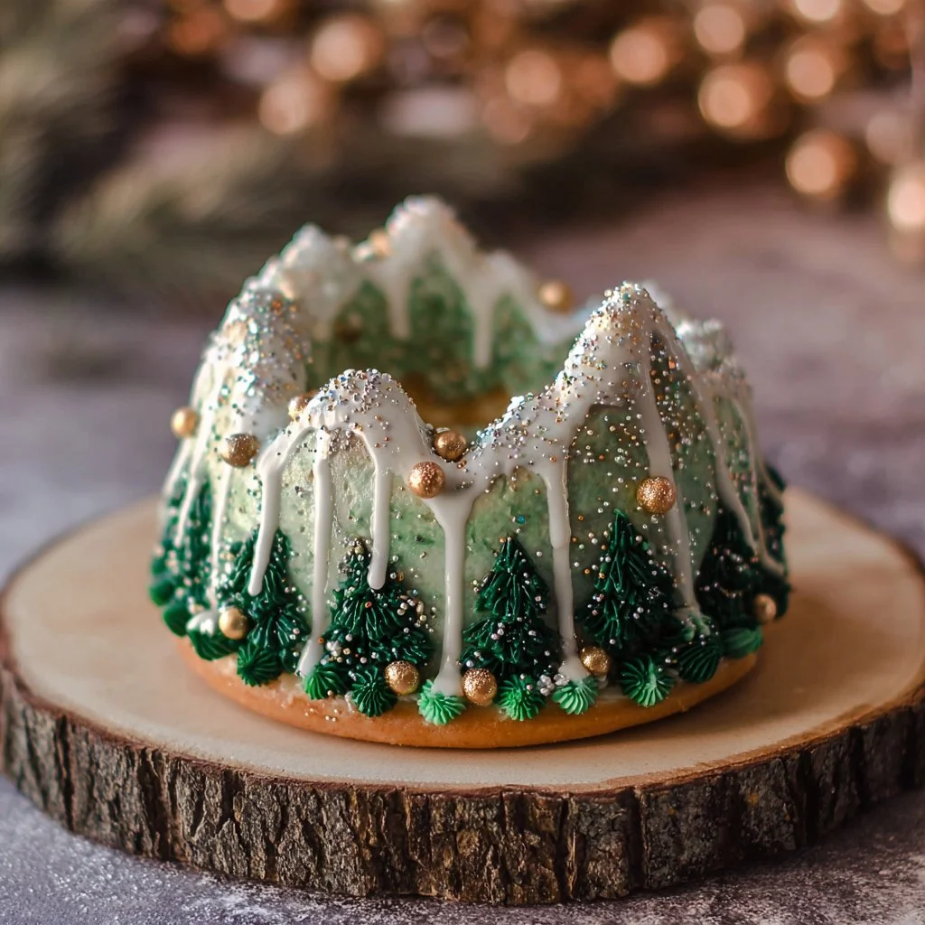 Festive Snowy Christmas Tree Cake decorated with icing and edible ornaments