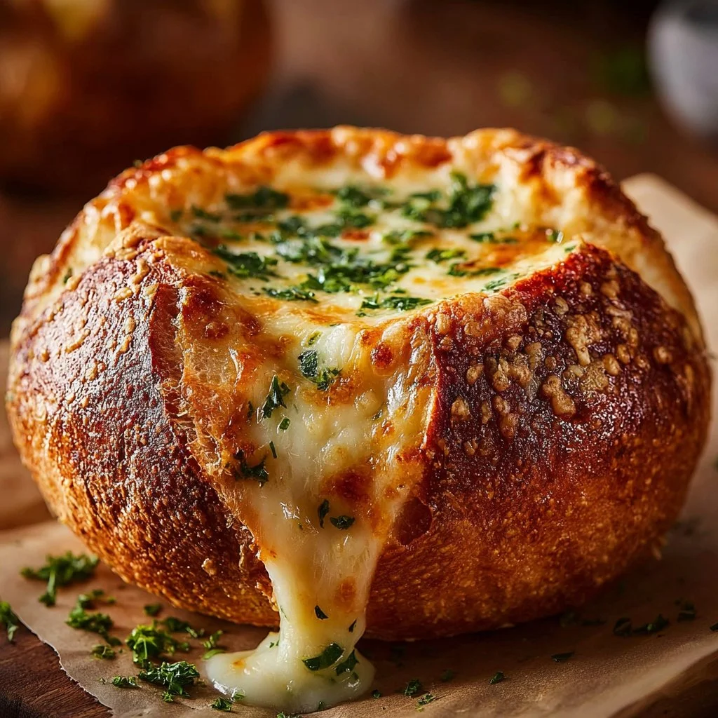 Spaghetti garlic bread bowls with fresh herbs and melted cheese, served in a crispy bread bowl.