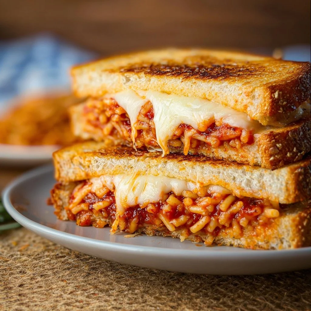 Delicious spaghetti grilled cheese sandwich with melted cheese and pasta inside.