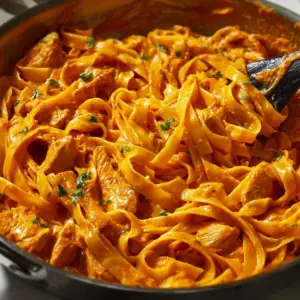 Creamy Spicy Chicken Alfredo pasta dish garnished with parsley