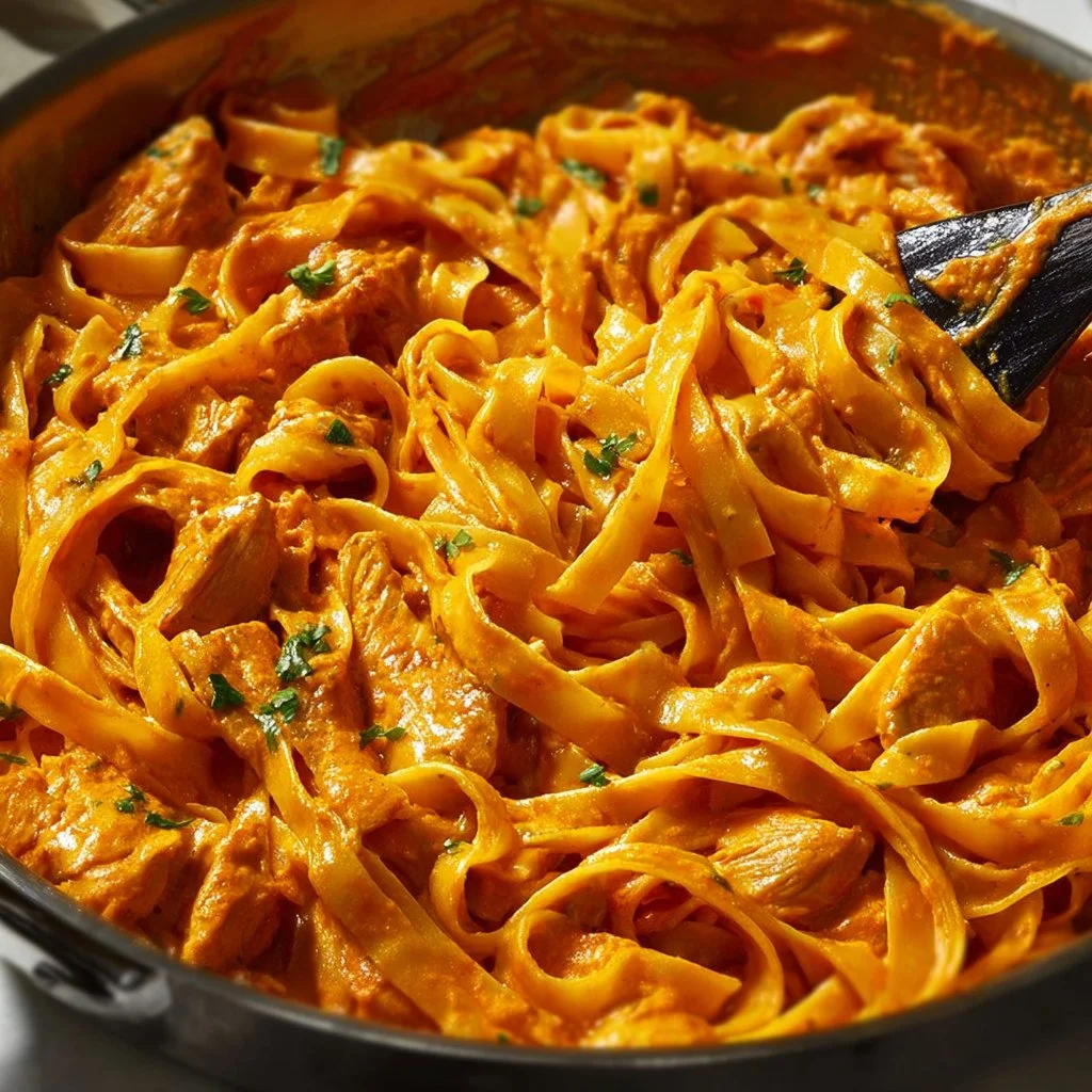 Creamy Spicy Chicken Alfredo pasta dish garnished with parsley