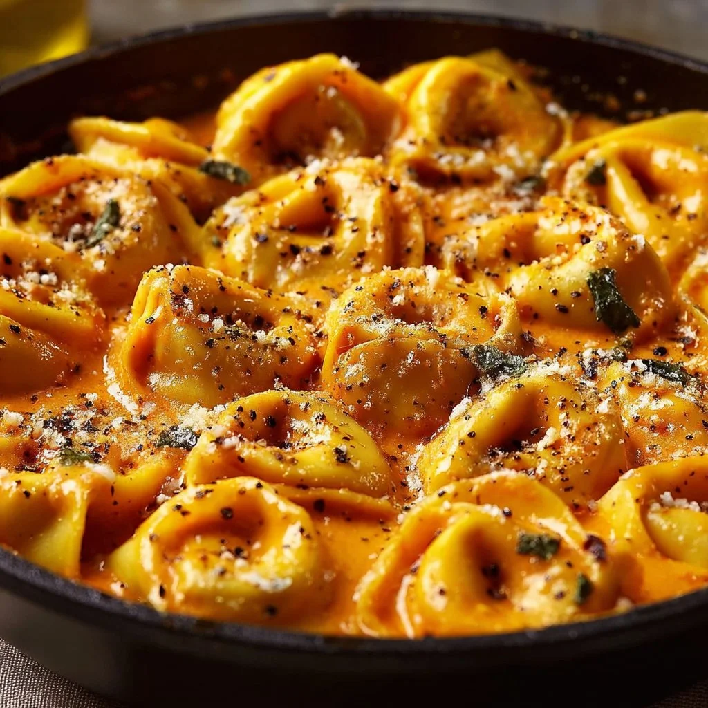 Spicy garlic butter chicken tortellini garnished with fresh herbs