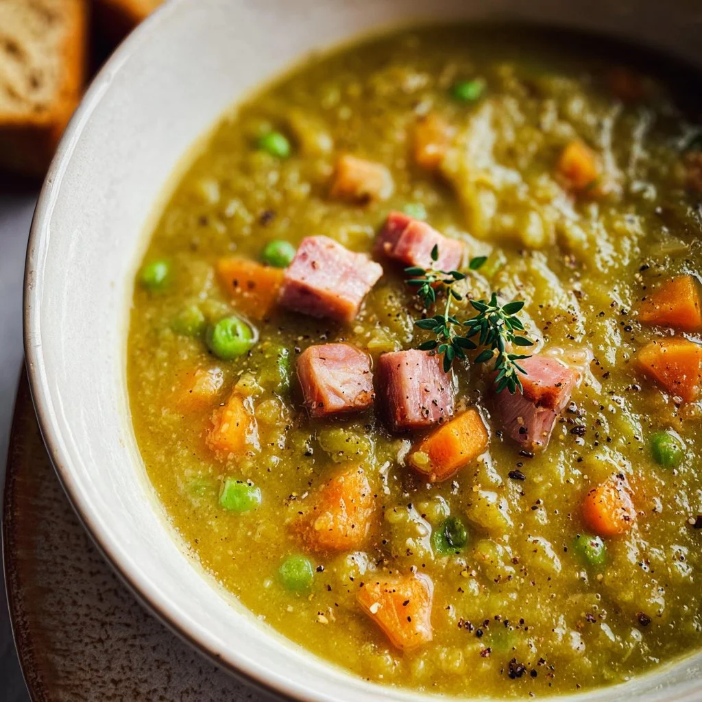 Delicious bowl of split pea soup with ham and fresh herbs