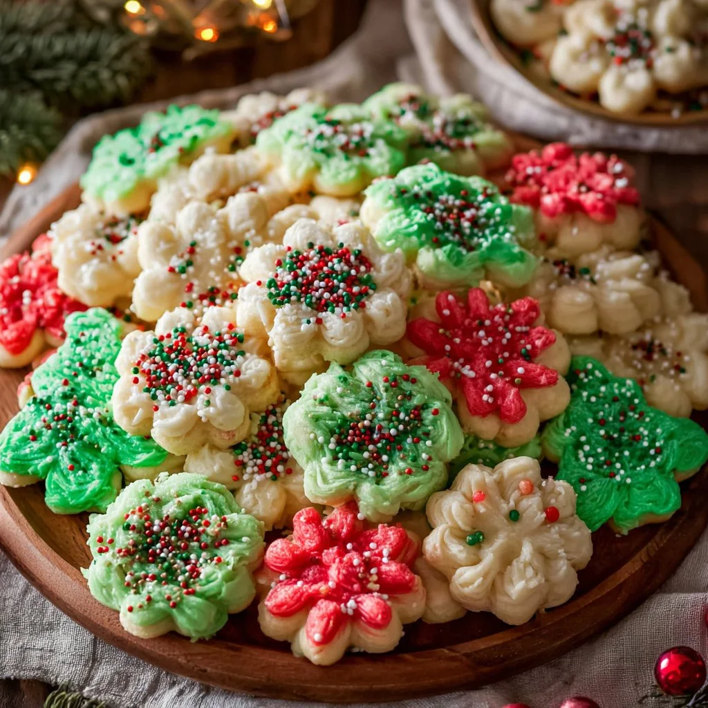 Freshly baked spritz cookies arranged on a plate.