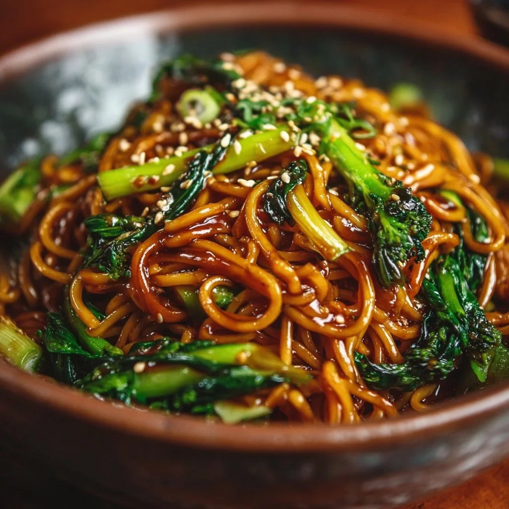 Sticky garlic chicken noodles served in a bowl with fresh herbs