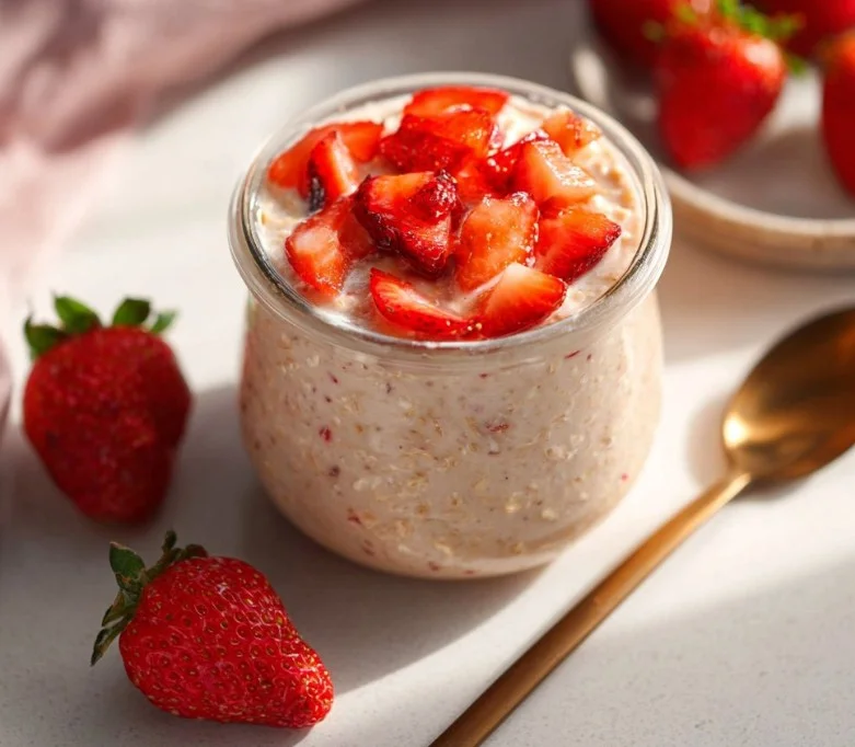 Bowl of strawberry overnight oats topped with fresh strawberries and nuts.