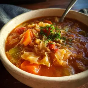 Bowl of stuffed cabbage soup garnished with herbs and vegetables