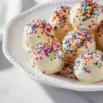 Delicious homemade sugar cookie truffles topped with sprinkles.