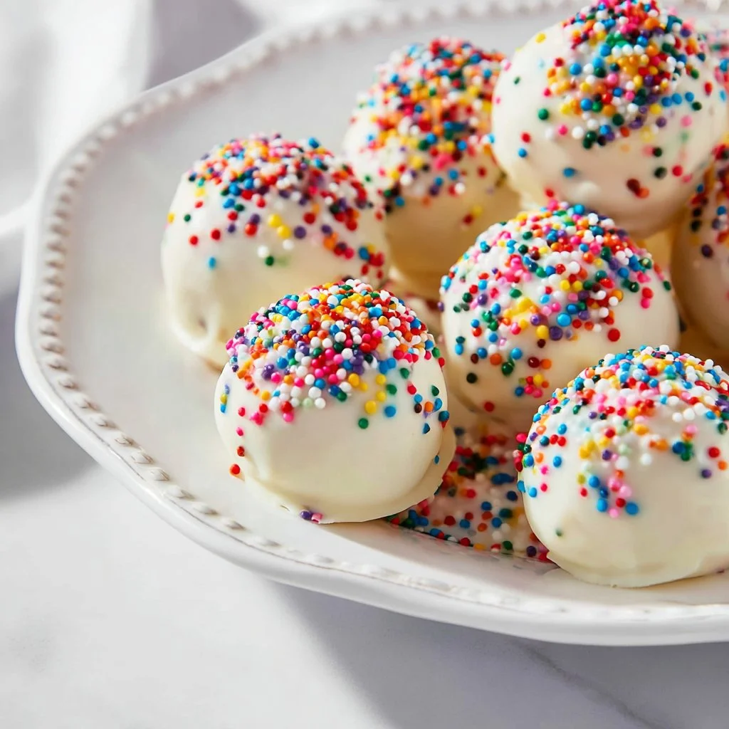 Delicious homemade sugar cookie truffles topped with sprinkles.
