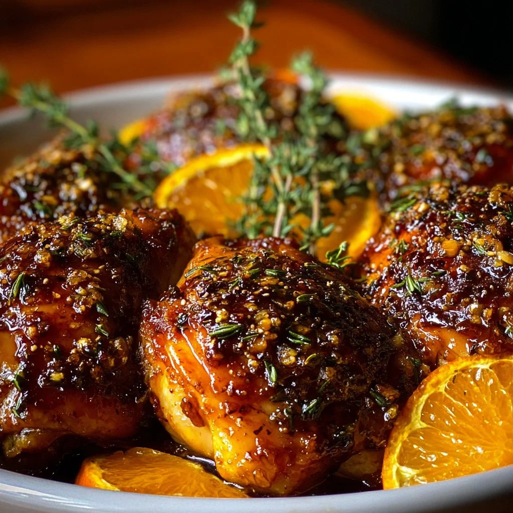 Delicious sweet and savory roasted orange chicken served with fresh herbs