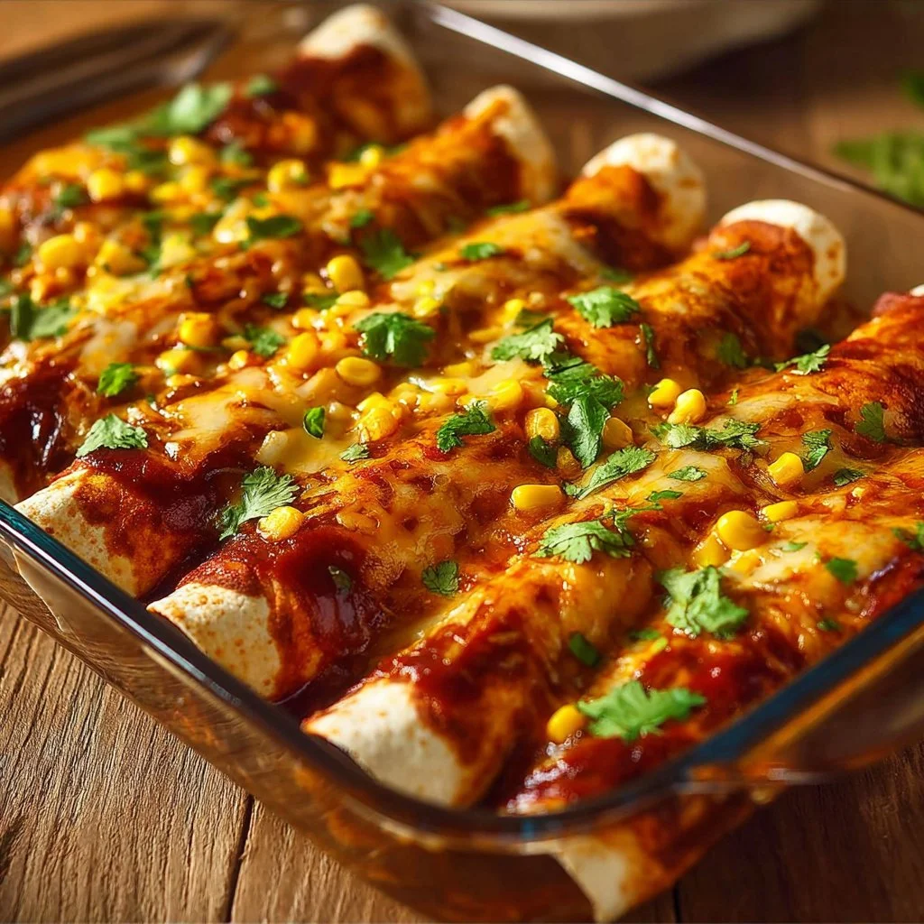 Plate of Sweet Potato, Corn, and Black Bean Enchiladas topped with avocado and cilantro