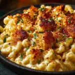 Sweet and spicy honey pepper chicken mac n cheese comfort bake dish