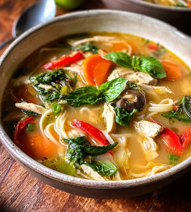 Bowl of fragrant Thai Chicken Soup with chicken, herbs, and spices