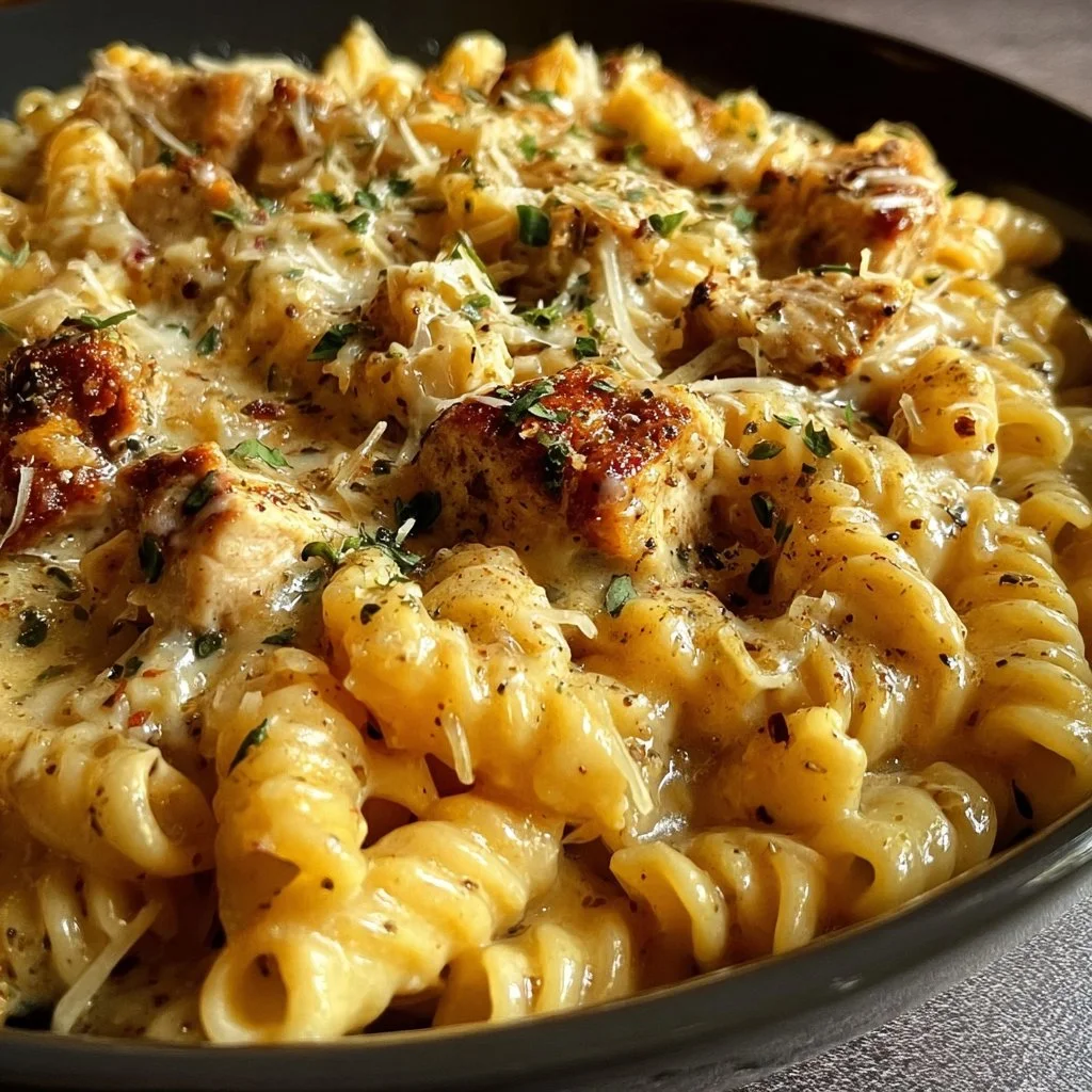Crockpot Garlic Parmesan Chicken Pasta served in a bowl with herbs garnish