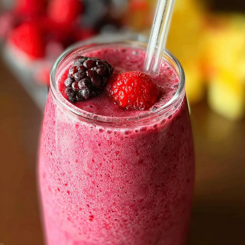 A refreshing triple berry smoothie made with strawberries, blueberries, and raspberries