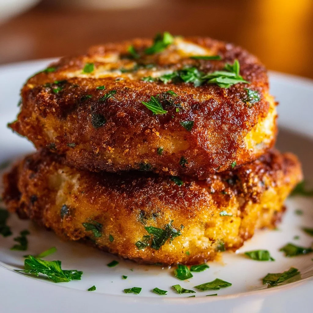 Tuna melt patties served on a plate with side salad