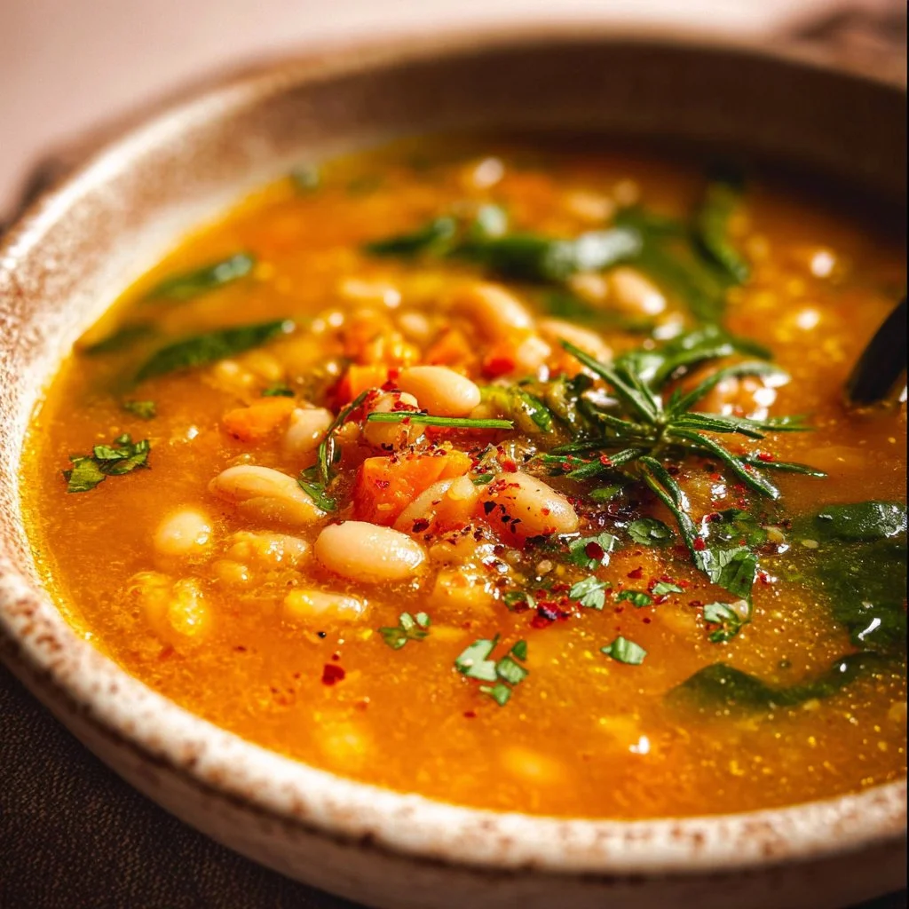 Bowl of delicious Tuscan White Bean Soup with fresh herbs and vegetables