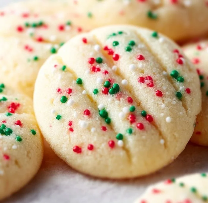Delicious whipped shortbread cookies on a plate with sprinkles