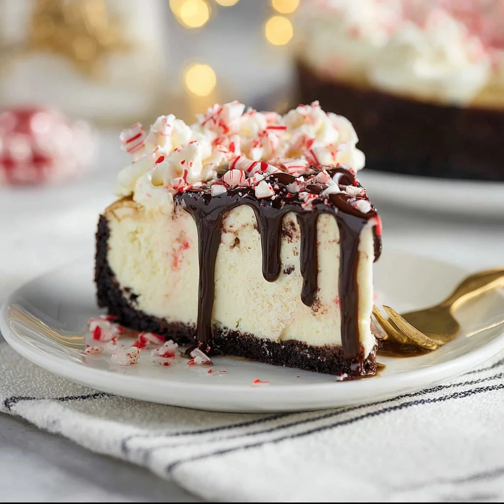 Delicious white chocolate peppermint cheesecake slice topped with festive decorations