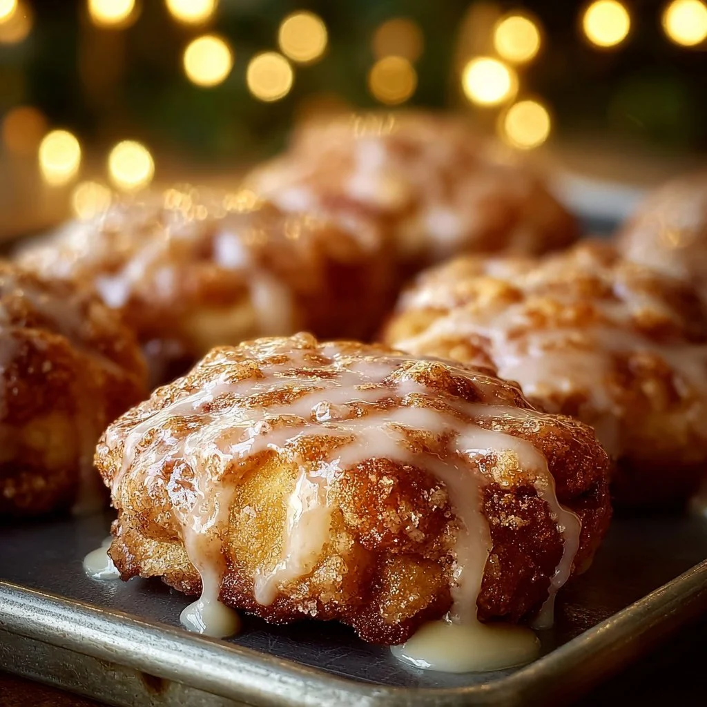 Baked apple fritters drizzled with sweet glaze on a rustic wooden table
