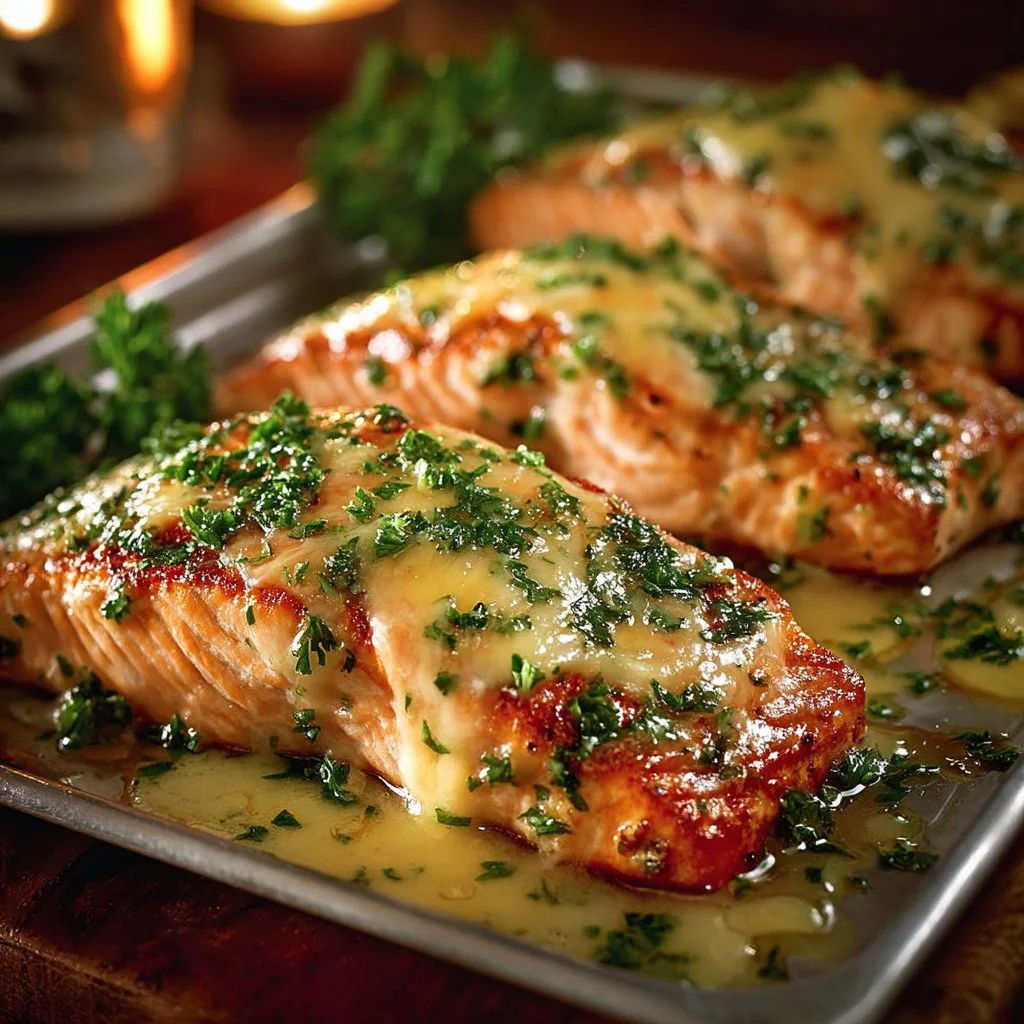 Baked Boursin Salmon served on a plate with fresh herbs and lemon