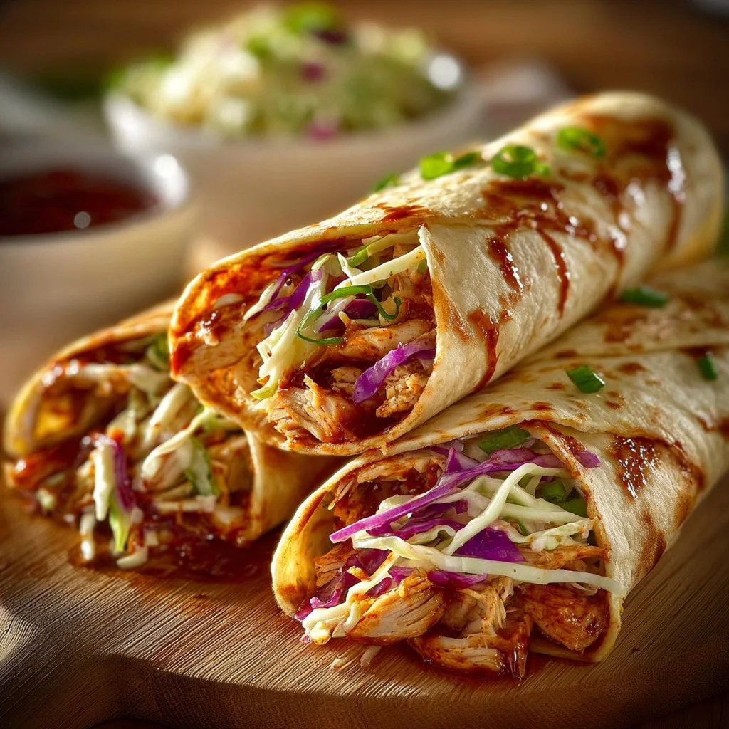 BBQ Chicken Coleslaw Wraps served on a plate with fresh ingredients