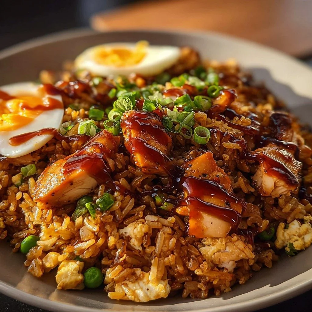 Delicious BBQ chicken fried rice in a bowl garnished with green onions