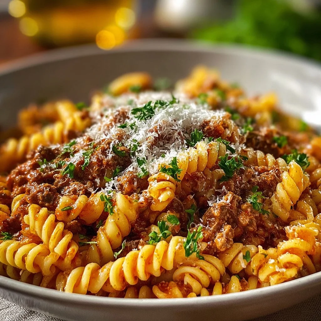 Beef rotini pasta with garlic parmesan sauce served in a bowl