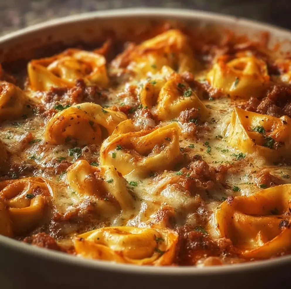 Delicious Beefy Tortellini Bake casserole with beef, cheese, and pasta