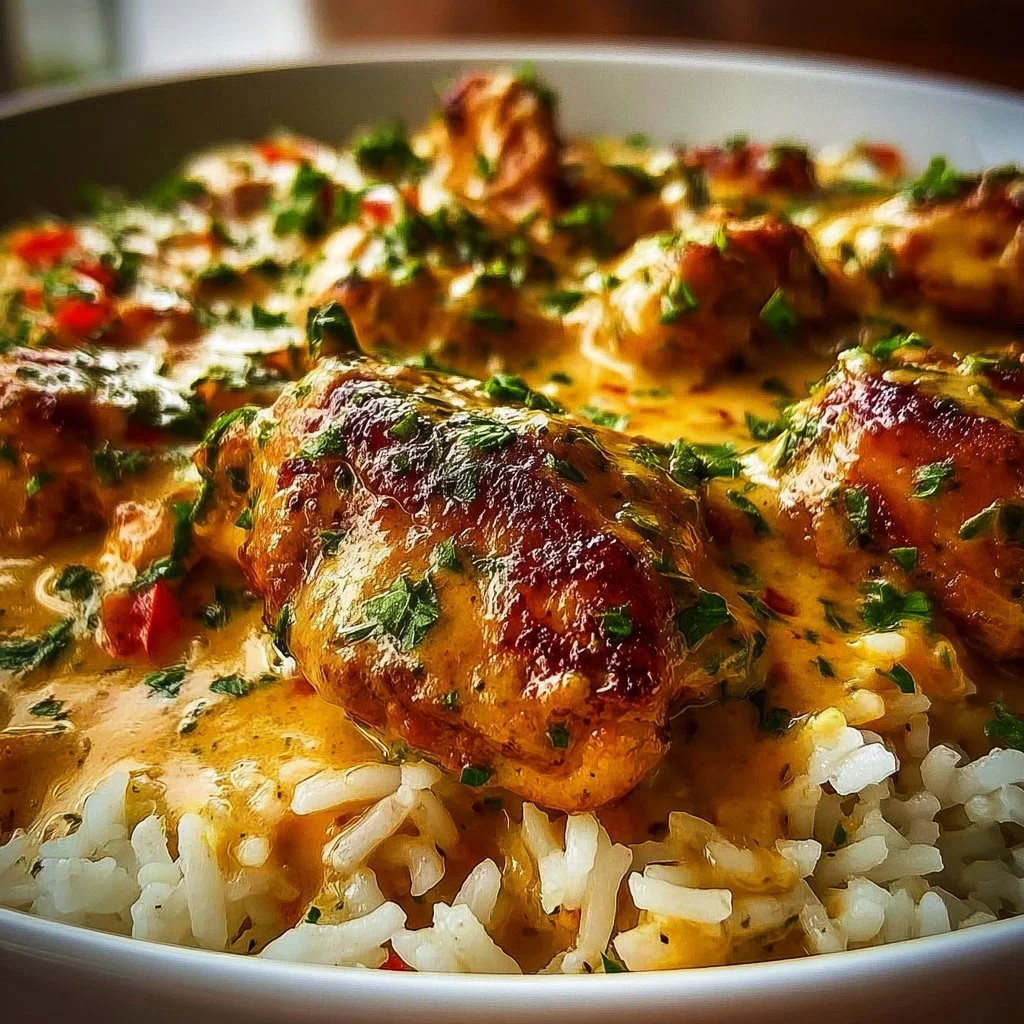 Delicious smothered chicken served with rice and gravy on a plate