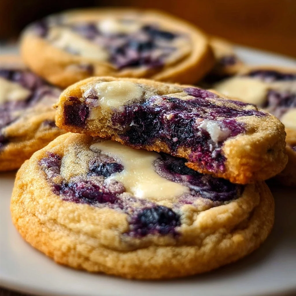Delicious blueberry cheesecake cookies with a creamy filling and sweet blueberries.