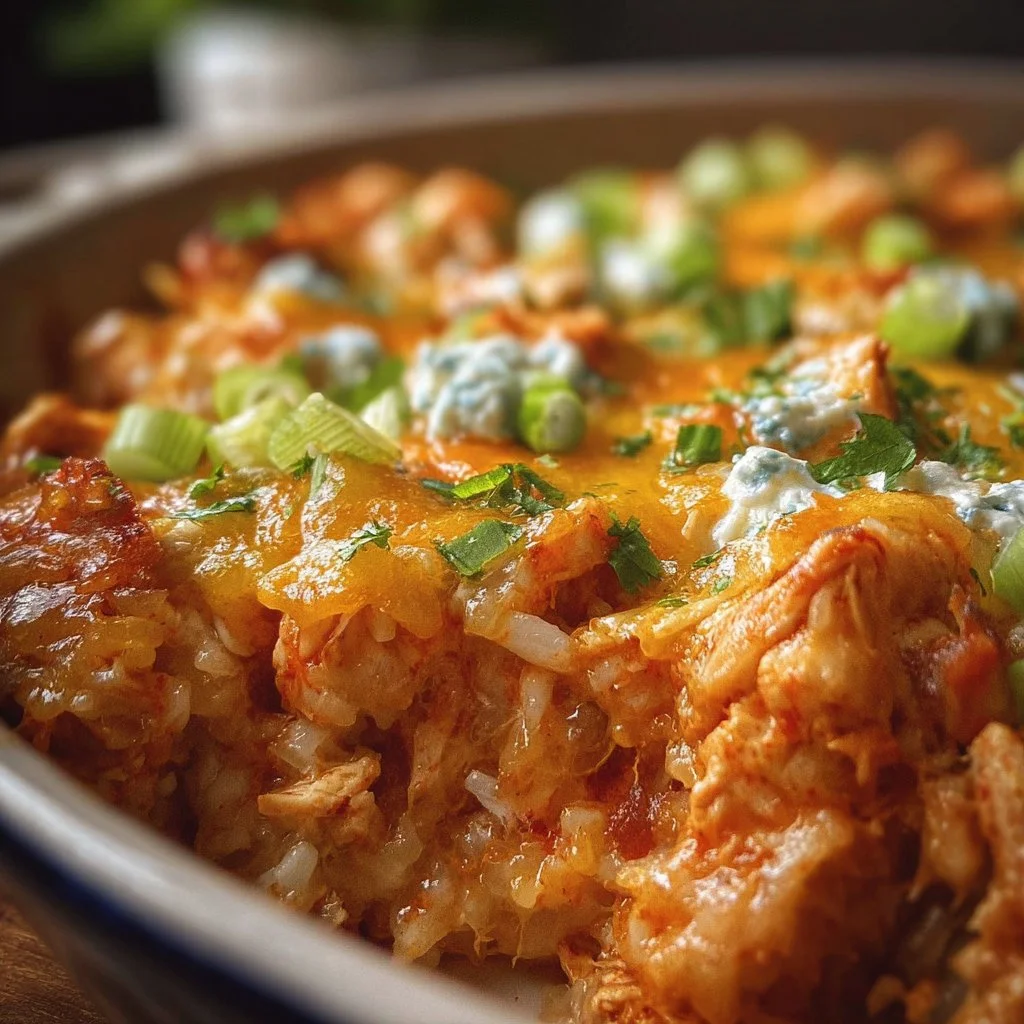 Buffalo Chicken Casserole topped with cheese and green onions