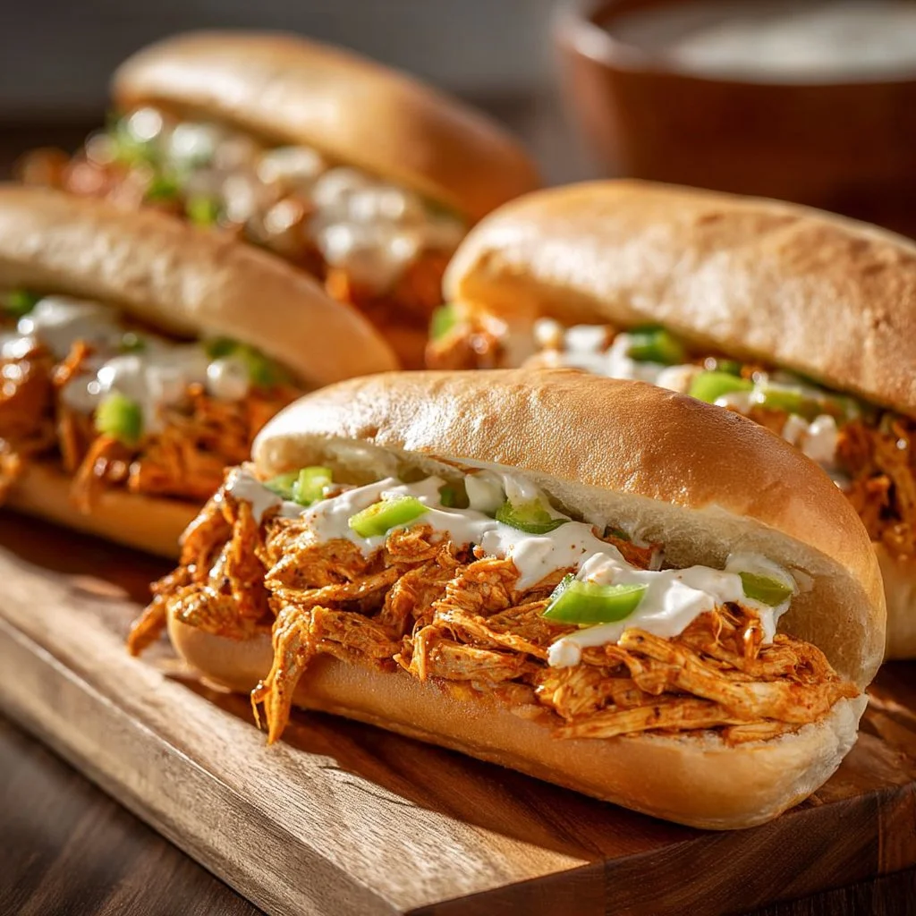 Buffalo Chicken Cheesesteak topped with spicy sauce and melted cheese