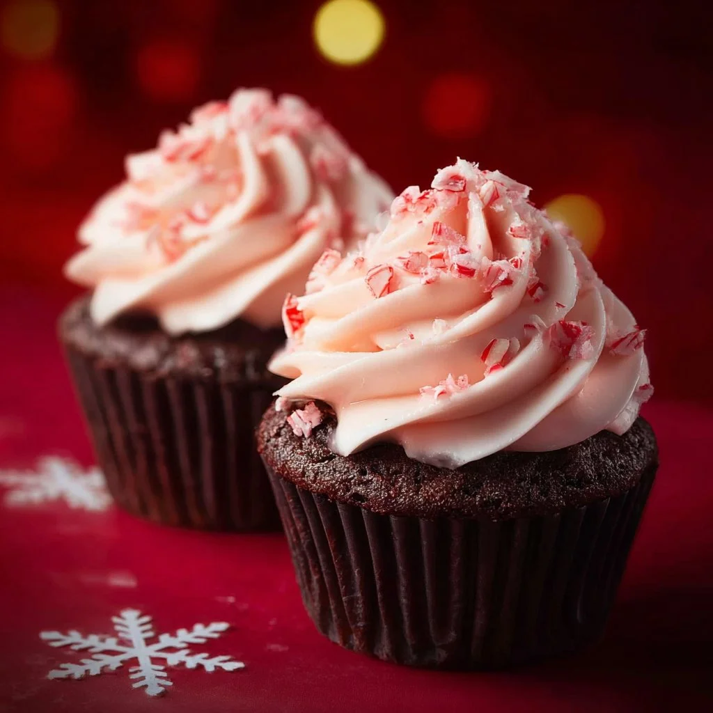 Festive Candy Cane Chocolate Cupcakes decorated with peppermint