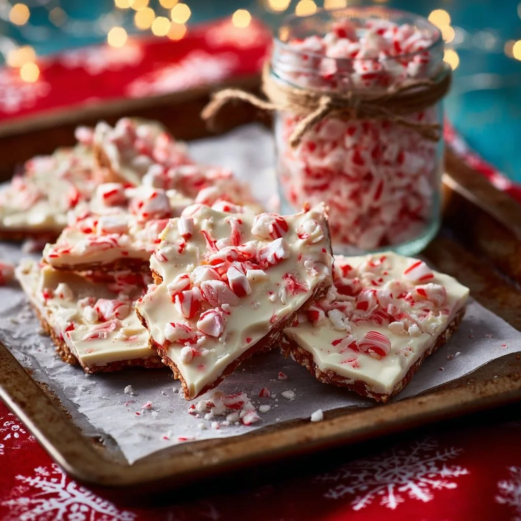 Delicious Candy Cane Pretzel Bark with crushed candy canes and chocolate.