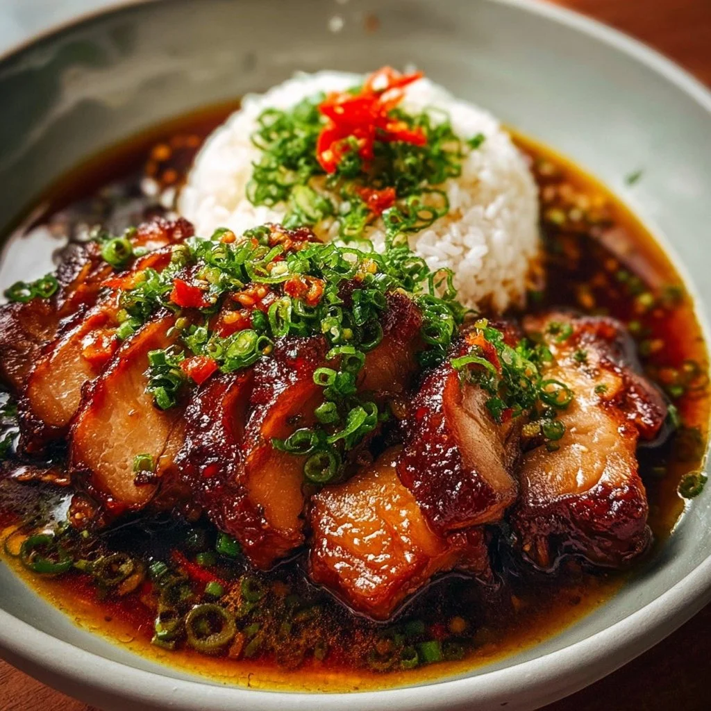 Caramelised soy chicken served in garlic ginger broth with rice